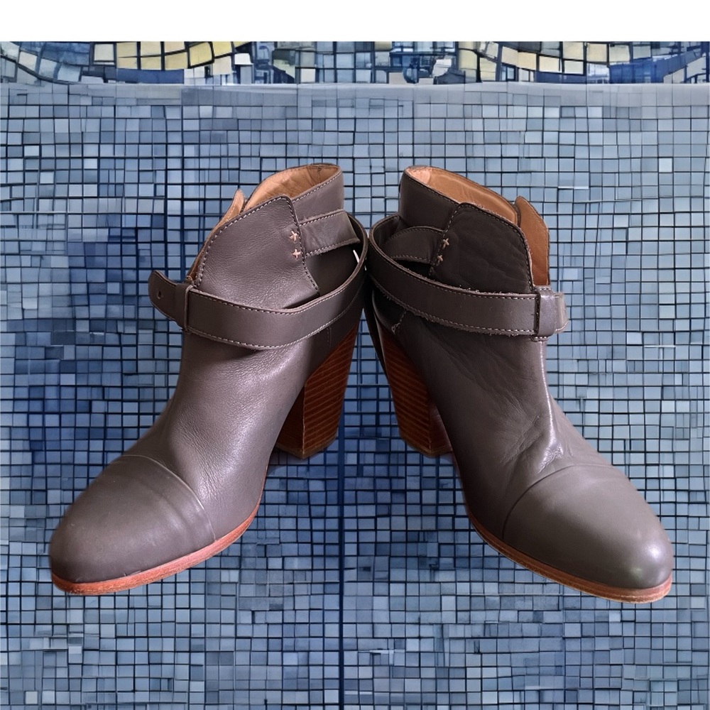 Rag & Bone Gray Harrow Booties 3.5 inch heel ankle strap with stud buckle